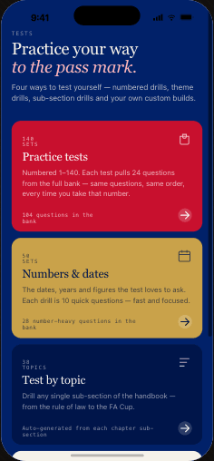 The tests hub with practice tests, numbers and dates, and topic drills
